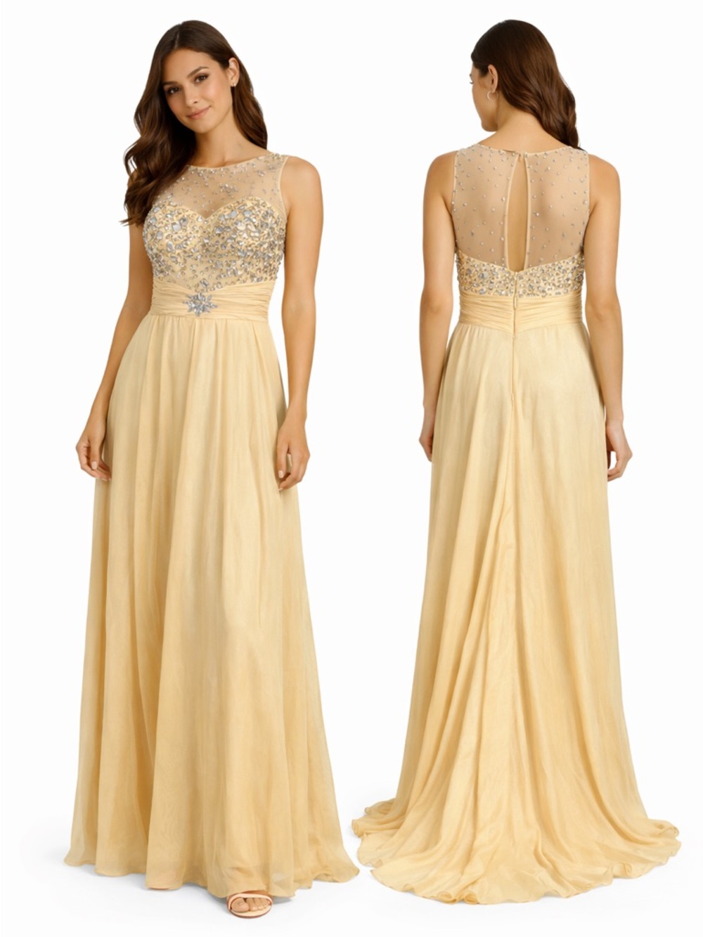 Champagne Beaded Gown with Sheer Illusion Neckline – Size 4